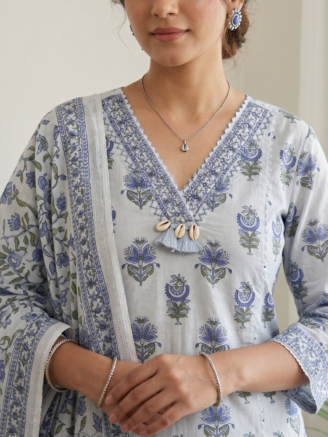Sky Blue Printed Cotton Blend Kurta With Pant & Dupatta