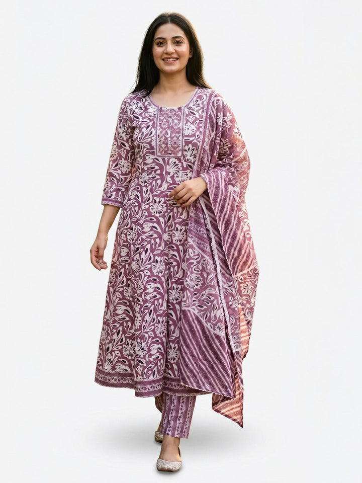 Purple Printed Cotton Blend Straight Round Neck Suit Set