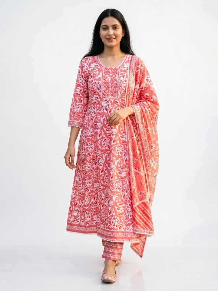 Red Printed Cotton Blend Straight Round Neck Suit Set