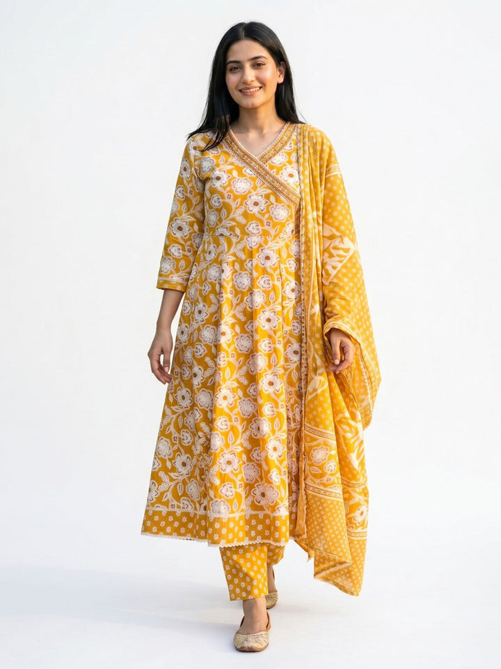 Mustard Printed Cotton Blend Straight Round Neck Suit Set