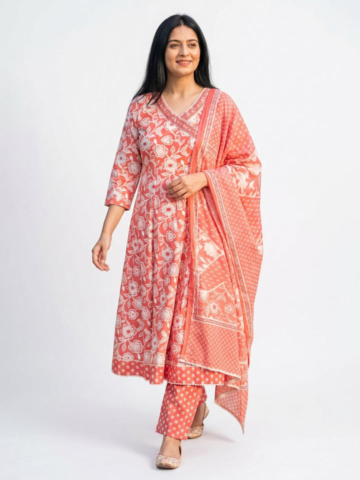 Red Printed Cotton Blend Straight Round Neck Suit Set