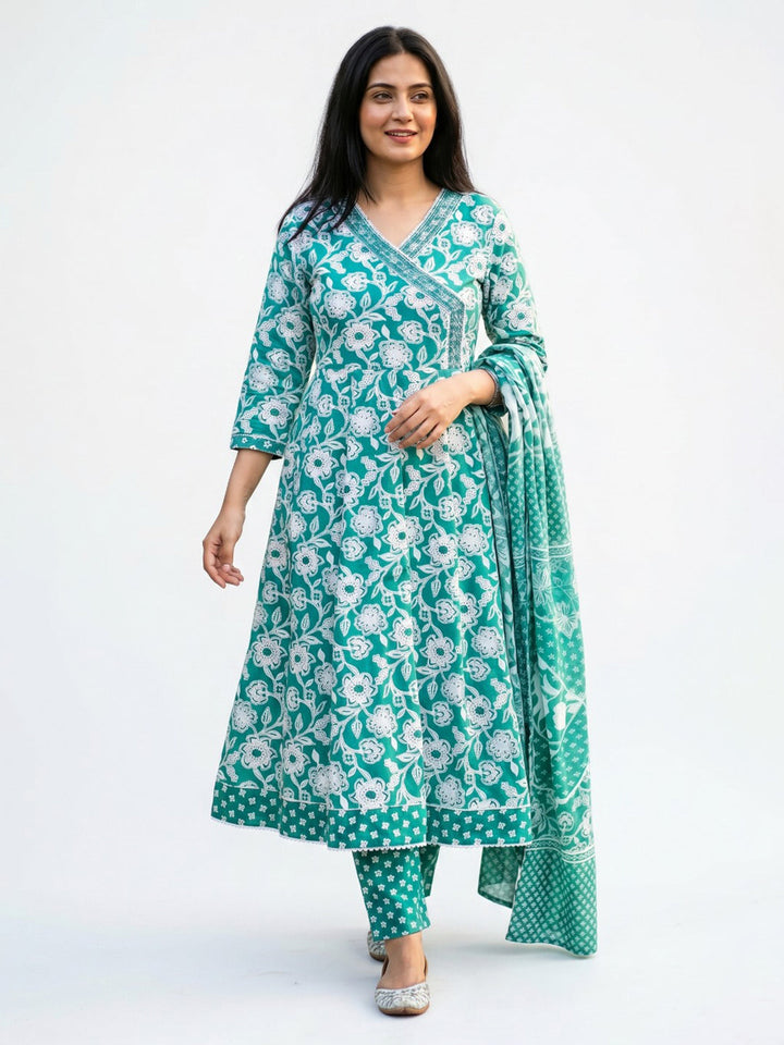 Sky Blue Printed Cotton Blend Straight Round Neck Suit Set