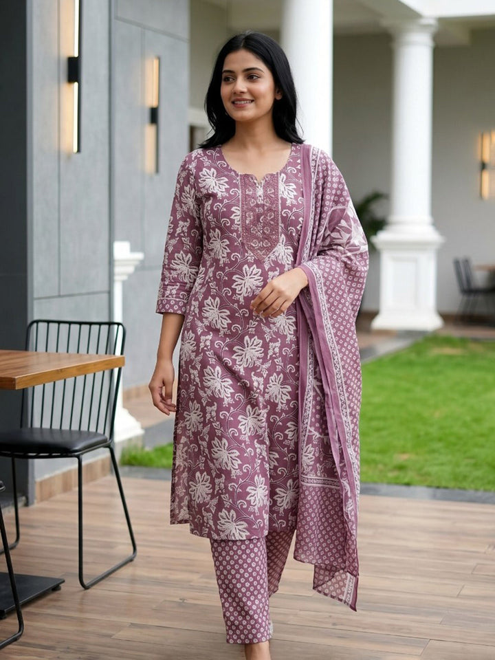 Purple Printed Cotton Blend Straight Round Neck Suit Set