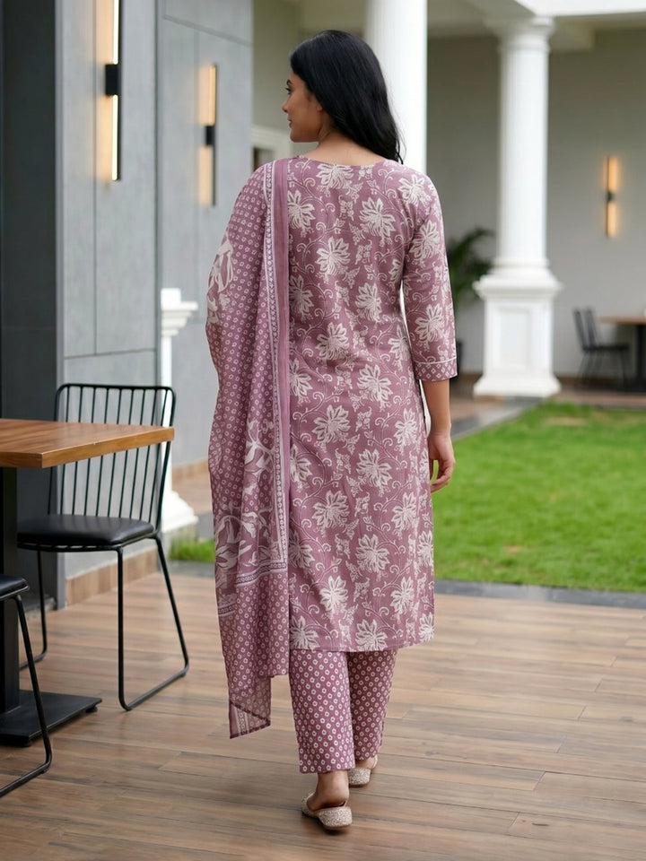 Purple Printed Cotton Blend Straight Round Neck Suit Set
