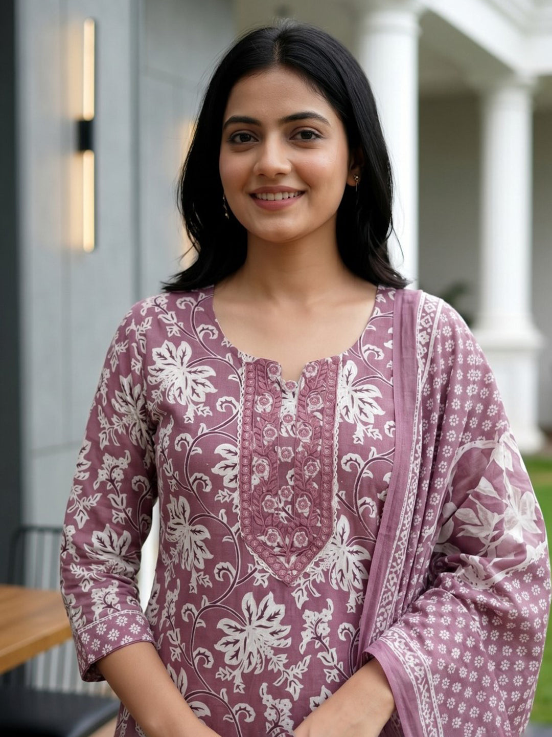 Purple Printed Cotton Blend Straight Round Neck Suit Set
