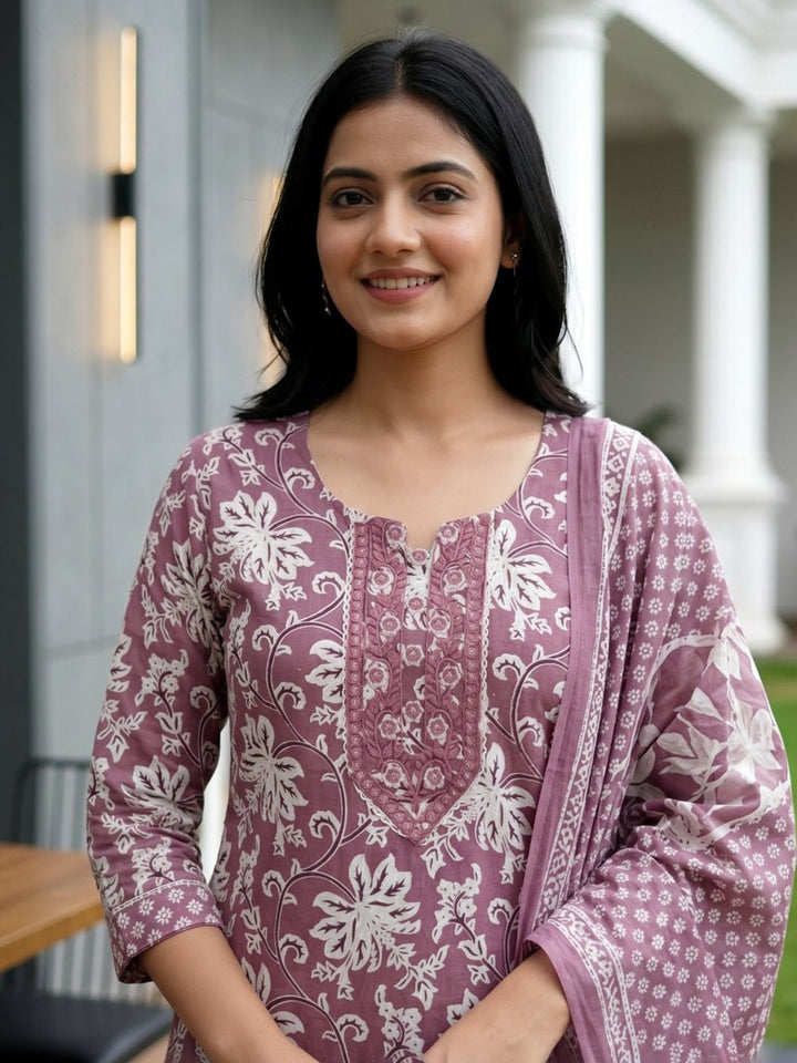 Purple Printed Cotton Blend Straight Round Neck Suit Set