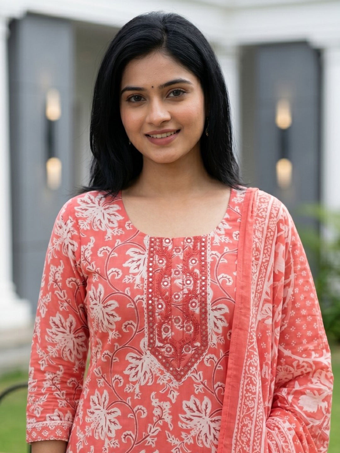 Red Printed Cotton Blend Straight Round Neck Suit Set