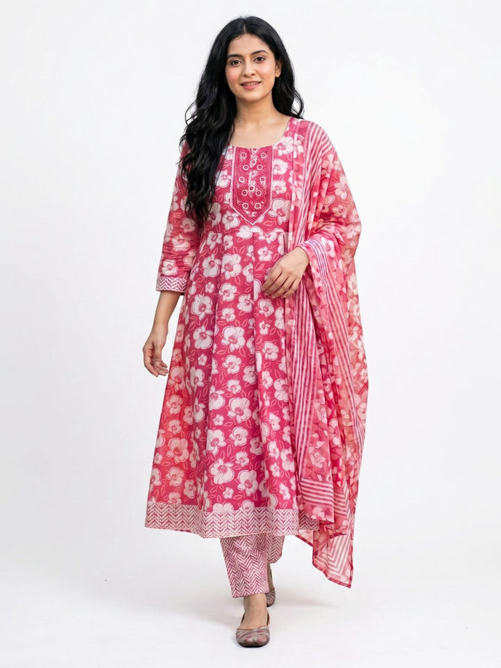 Pink Printed Cotton Blend Straight Round Neck Suit Set