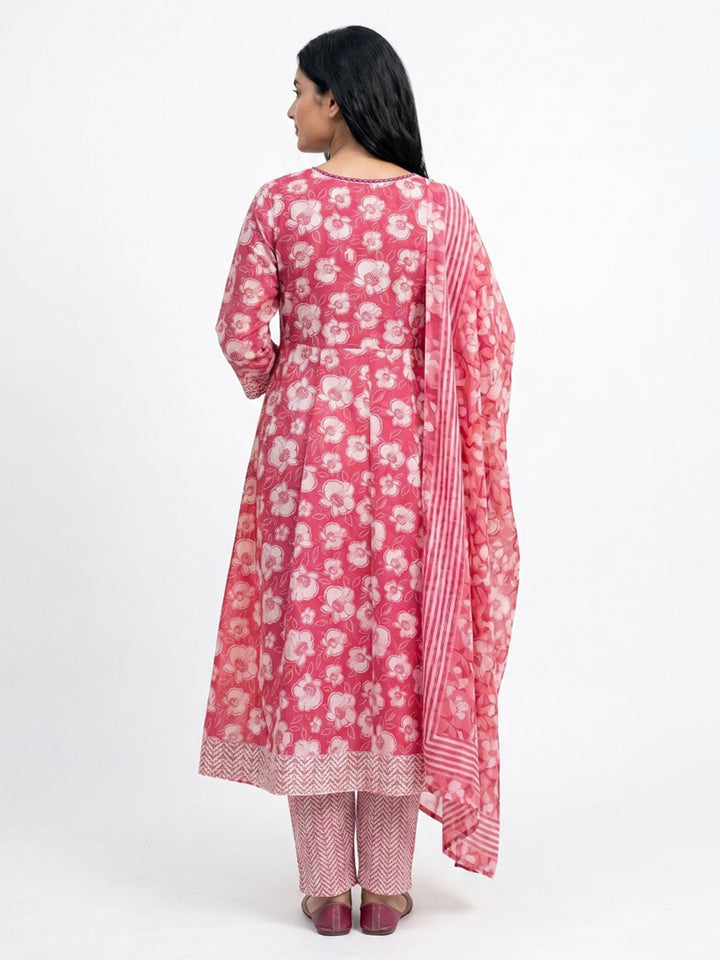 Pink Printed Cotton Blend Straight Round Neck Suit Set