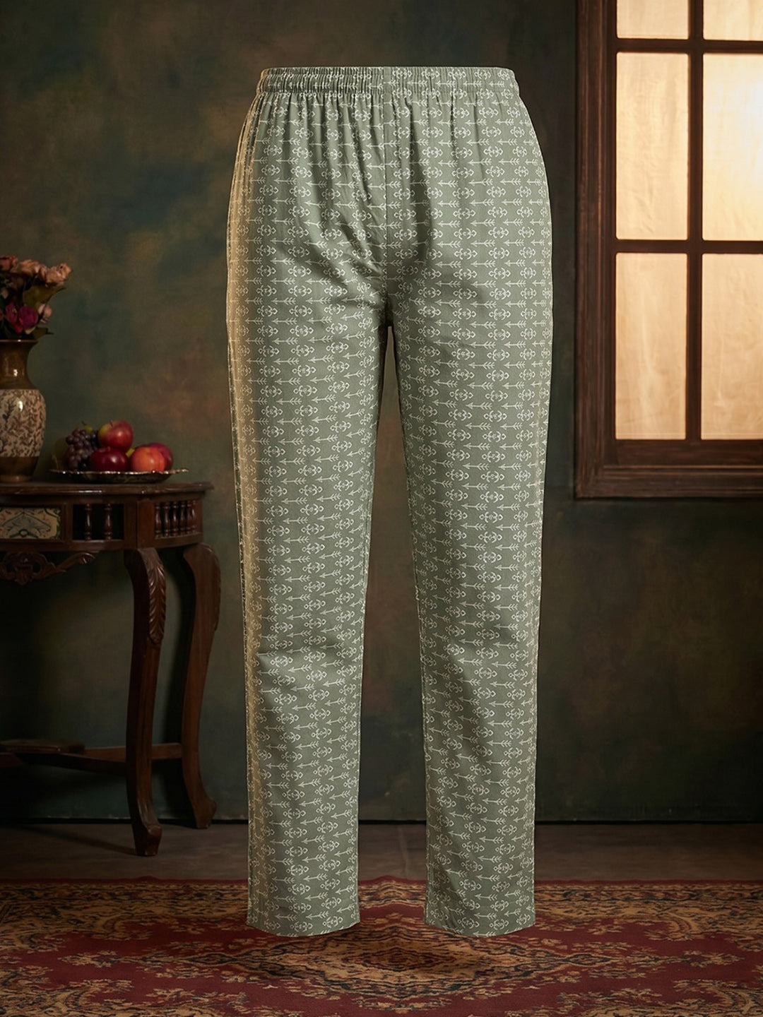 Green Embroidered Cotton Blend Round Neck Suit Set