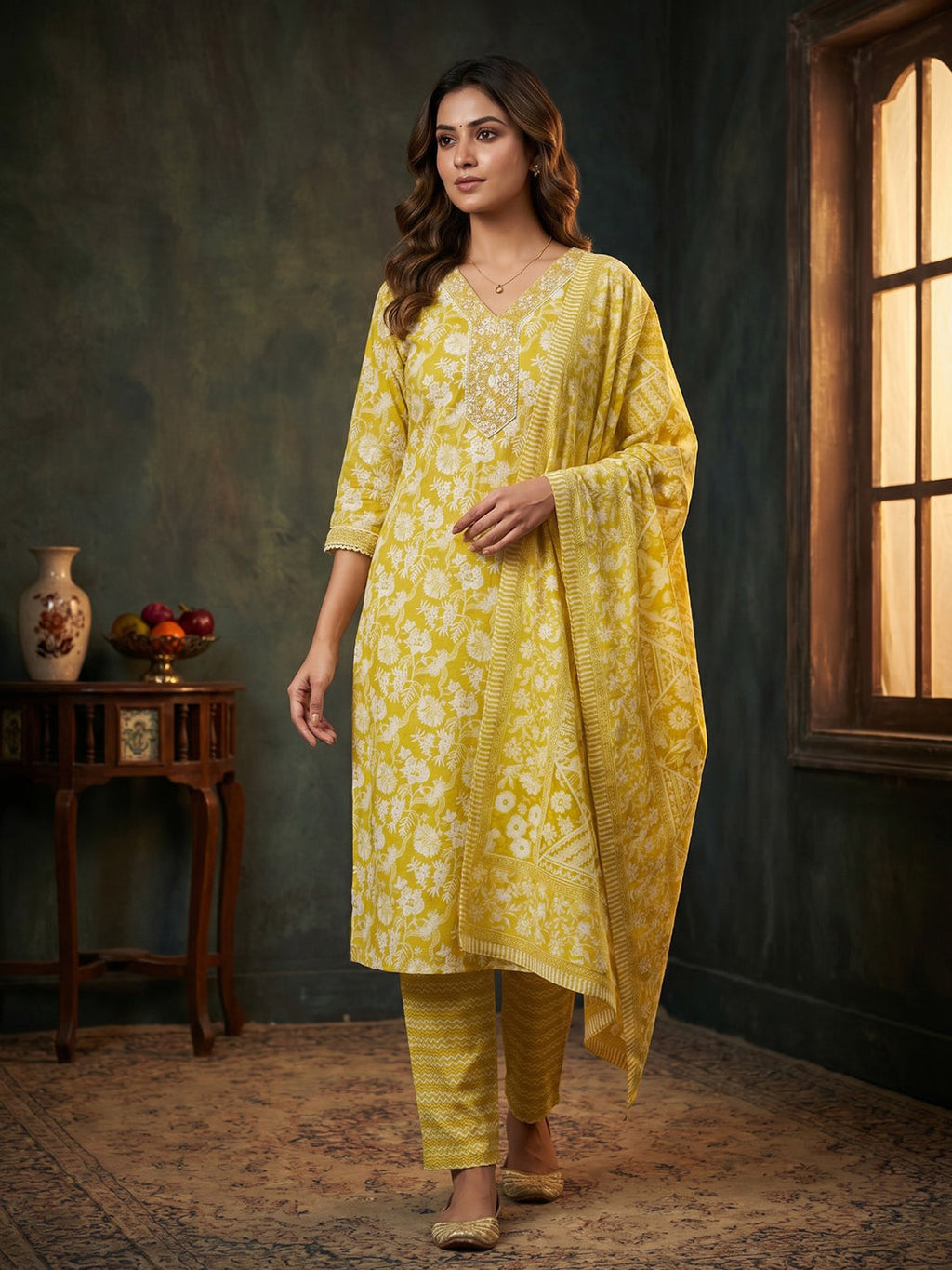 Yellow Embroidered Cotton Blend Round Neck Suit Set