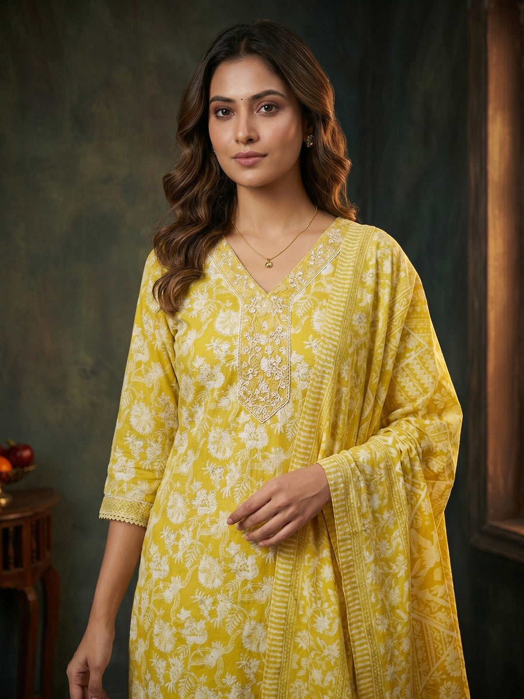 Yellow Embroidered Cotton Blend Round Neck Suit Set