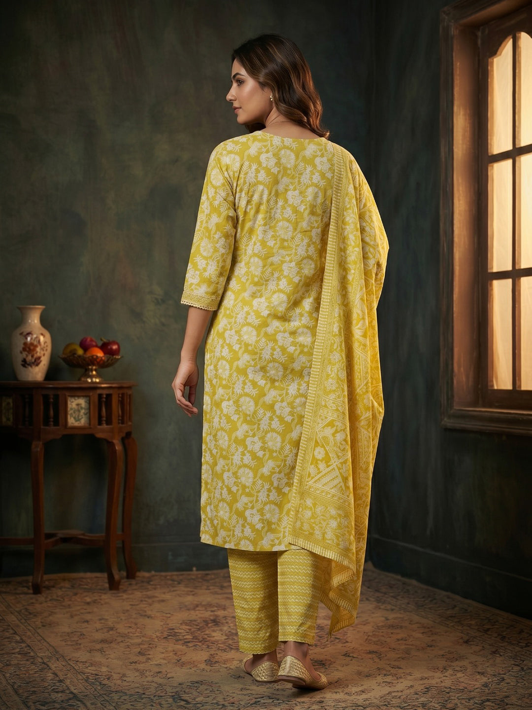 Yellow Embroidered Cotton Blend Round Neck Suit Set