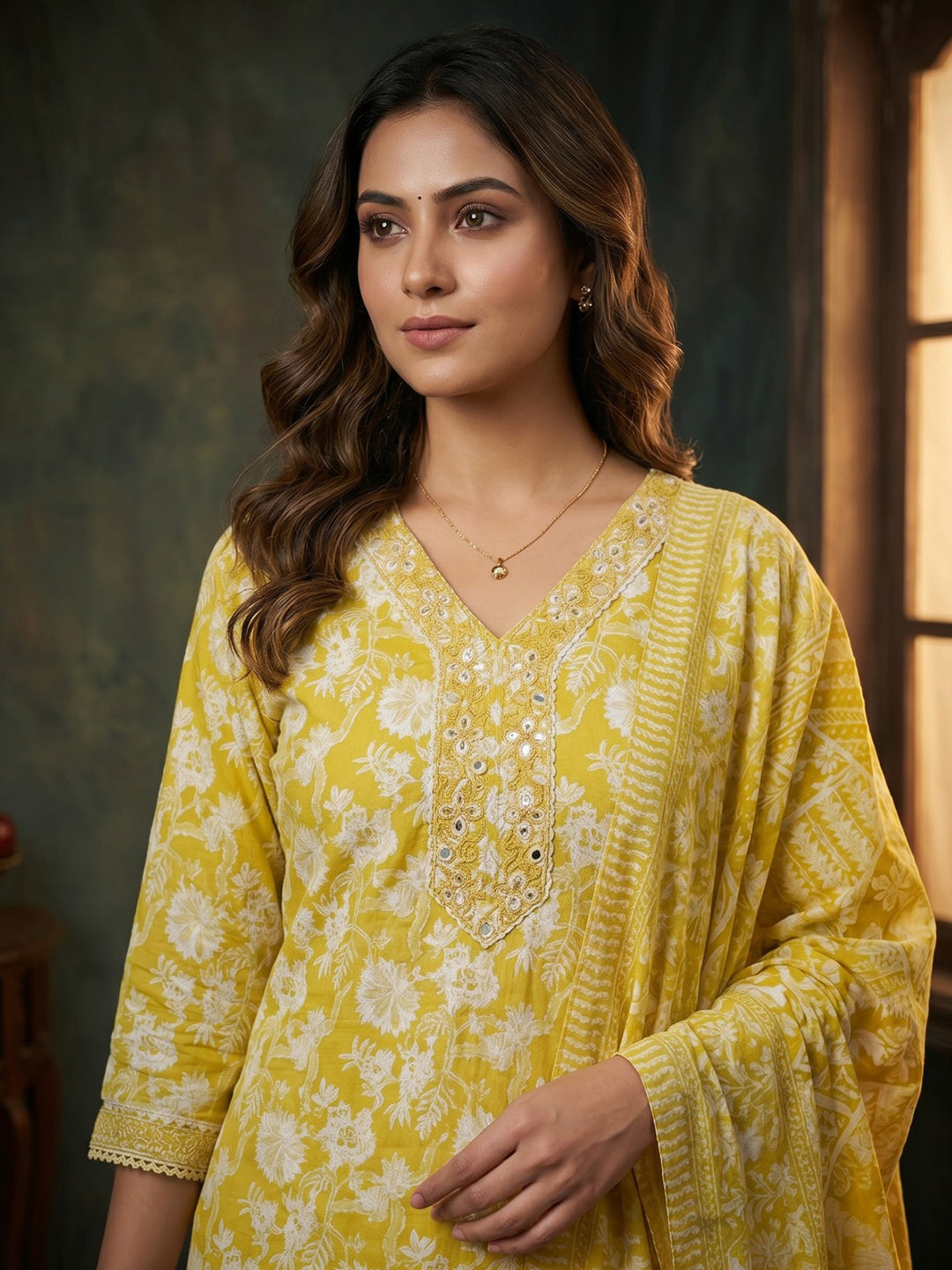 Yellow Embroidered Cotton Blend Round Neck Suit Set