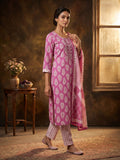 Pink Embroidered Cotton Blend Round Neck Suit Set