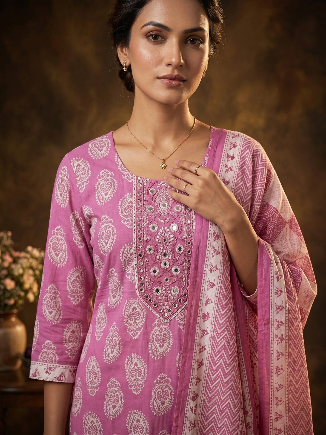 Pink Embroidered Cotton Blend Round Neck Suit Set
