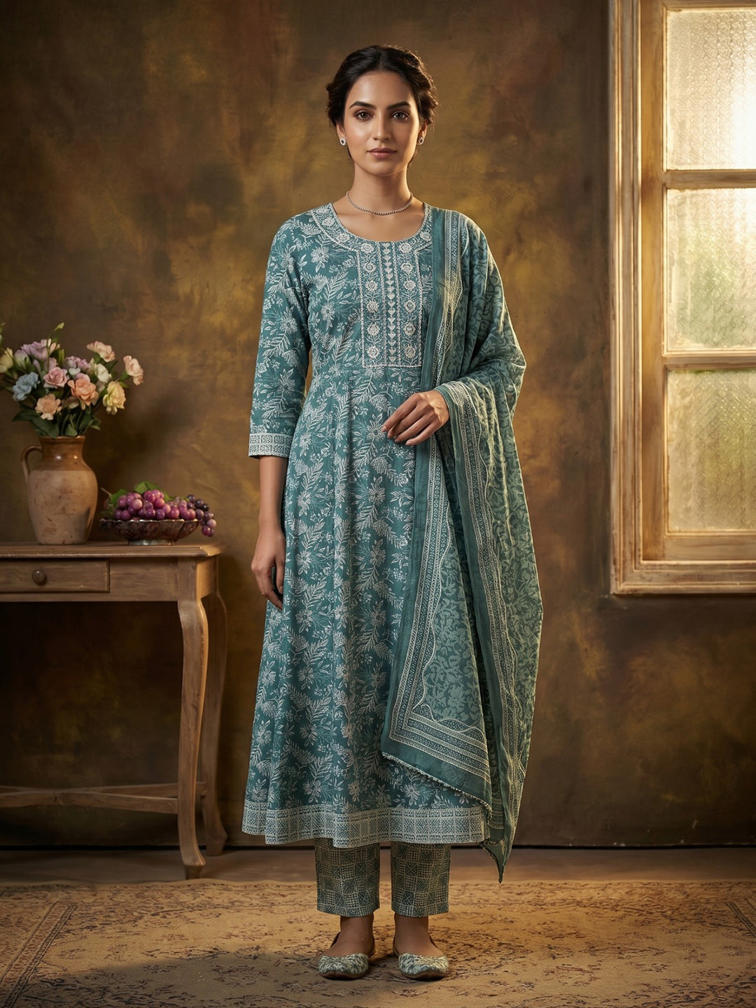 Green Embroidered Cotton Blend Round Neck Suit Set