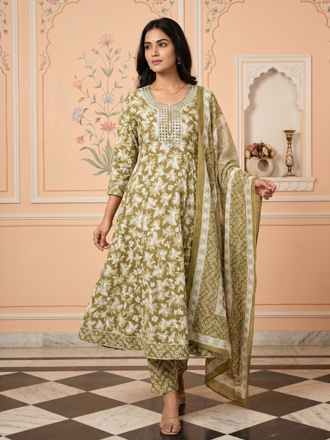 Mehndi Embroidered Cotton Blend Round Neck Suit Set