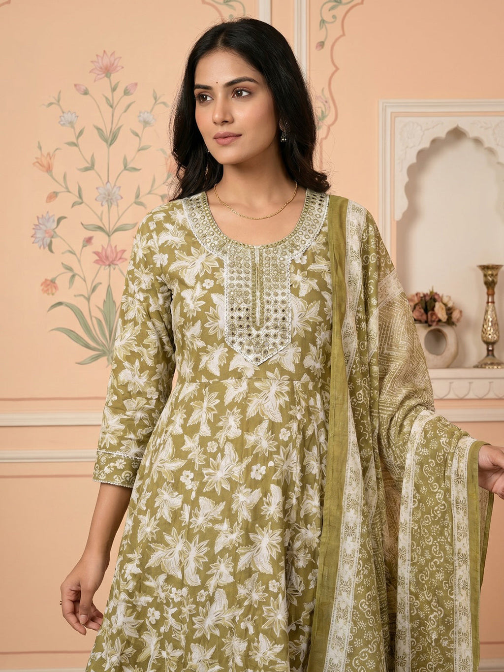 Mehndi Embroidered Cotton Blend Round Neck Suit Set