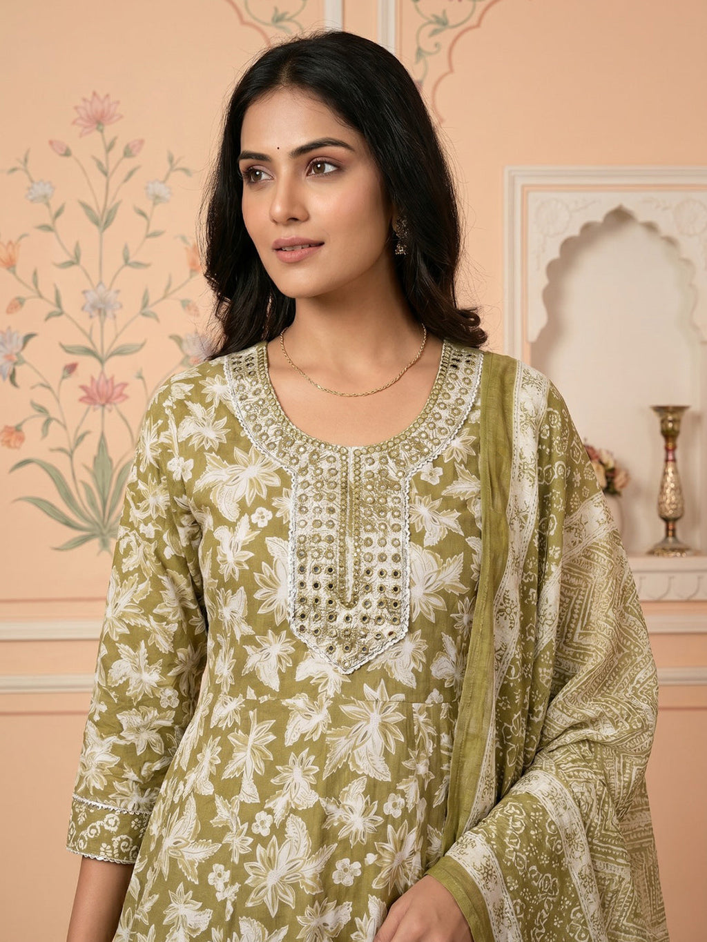 Mehndi Embroidered Cotton Blend Round Neck Suit Set