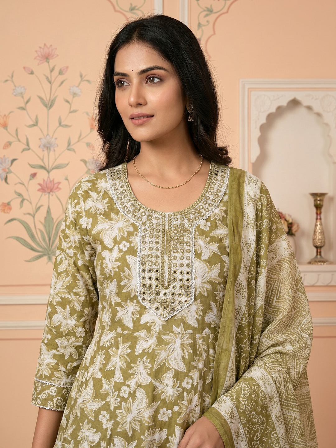 Mehndi Embroidered Cotton Blend Round Neck Suit Set