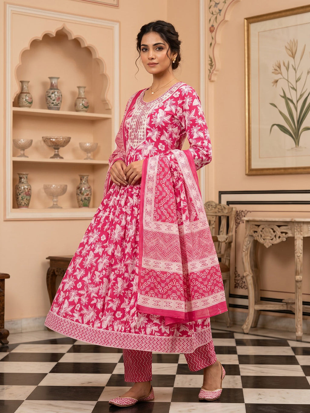 Pink Embroidered Cotton Blend Round Neck Suit Set