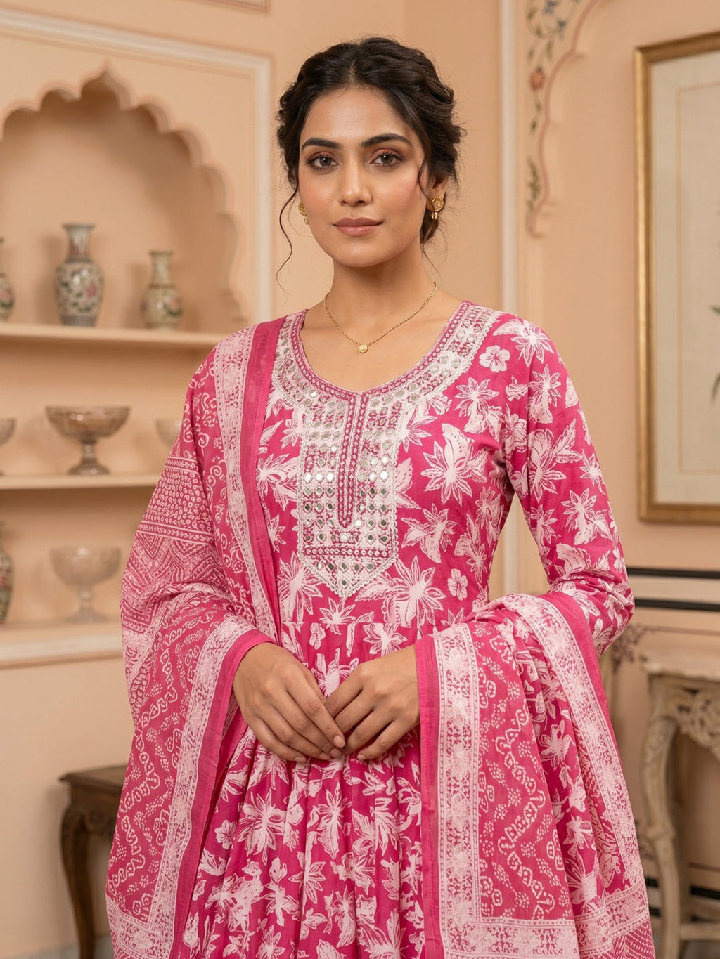 Pink Embroidered Cotton Blend Round Neck Suit Set