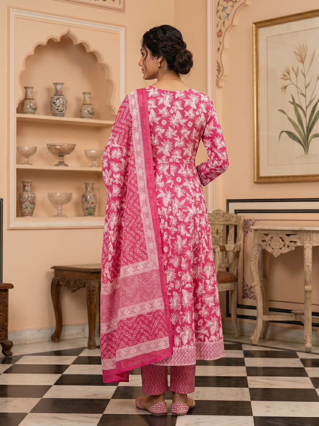 Pink Embroidered Cotton Blend Round Neck Suit Set