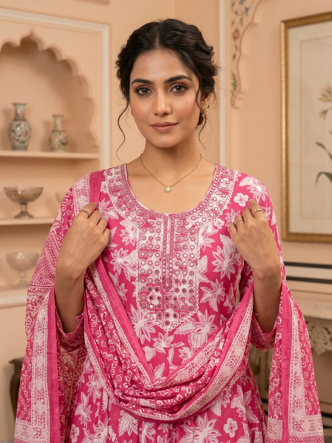 Pink Embroidered Cotton Blend Round Neck Suit Set