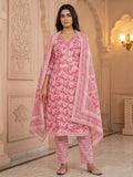 Pink Embroidered Cotton Blend Round Neck Suit Set