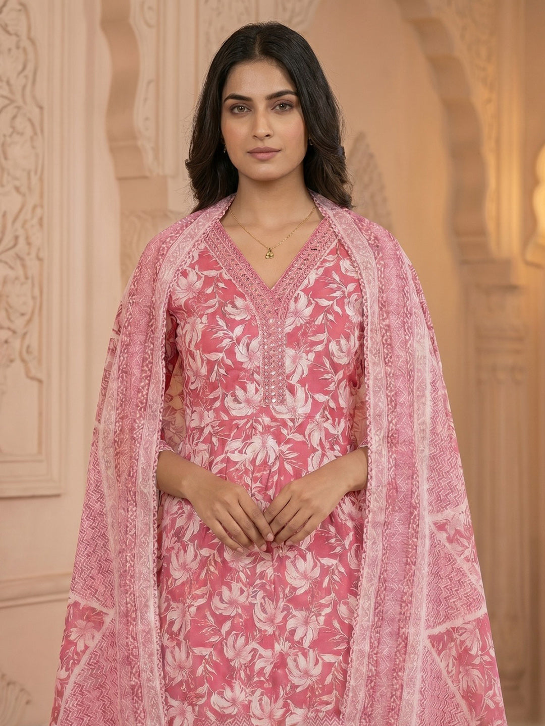 Pink Embroidered Cotton Blend Round Neck Suit Set