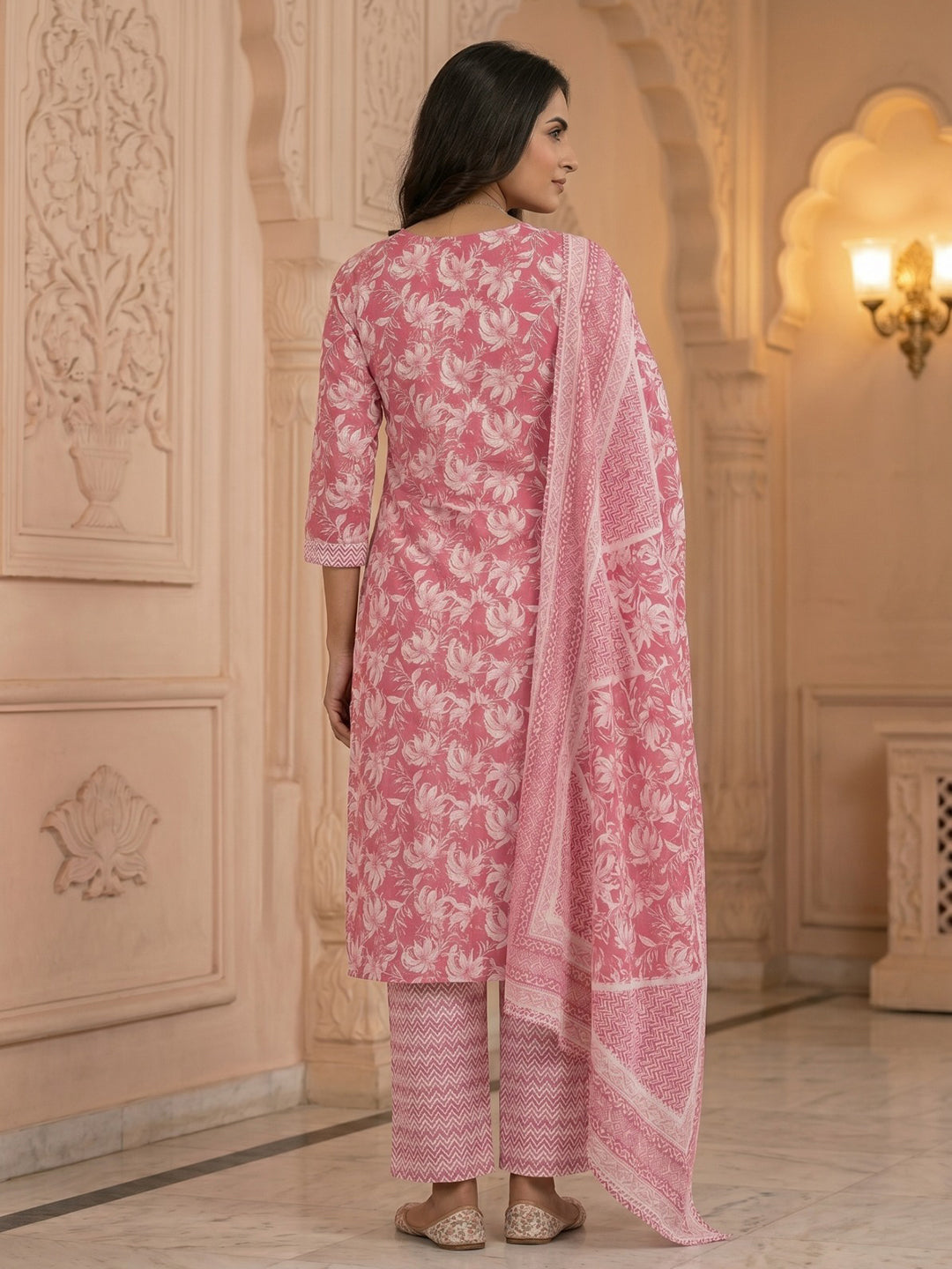 Pink Embroidered Cotton Blend Round Neck Suit Set