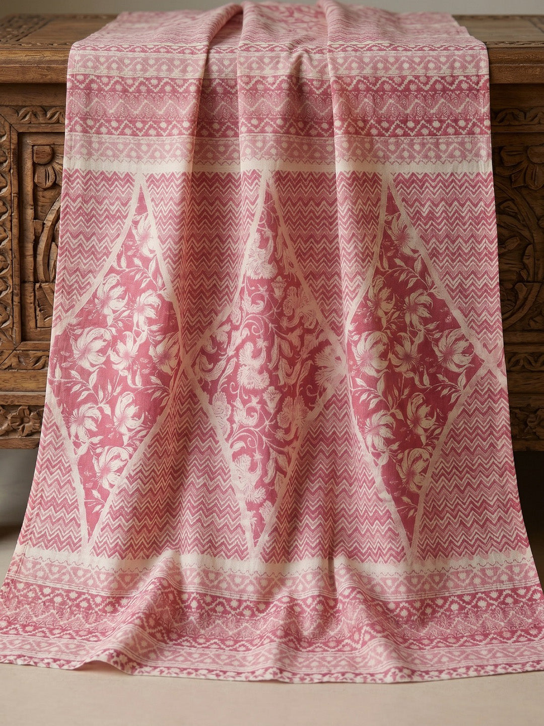 Pink Embroidered Cotton Blend Round Neck Suit Set