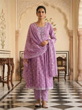 Pink Embroidered Cotton Blend Round Neck Suit Set
