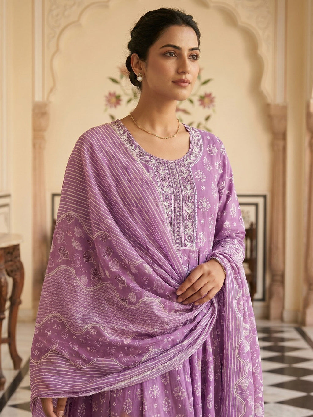 Pink Embroidered Cotton Blend Round Neck Suit Set