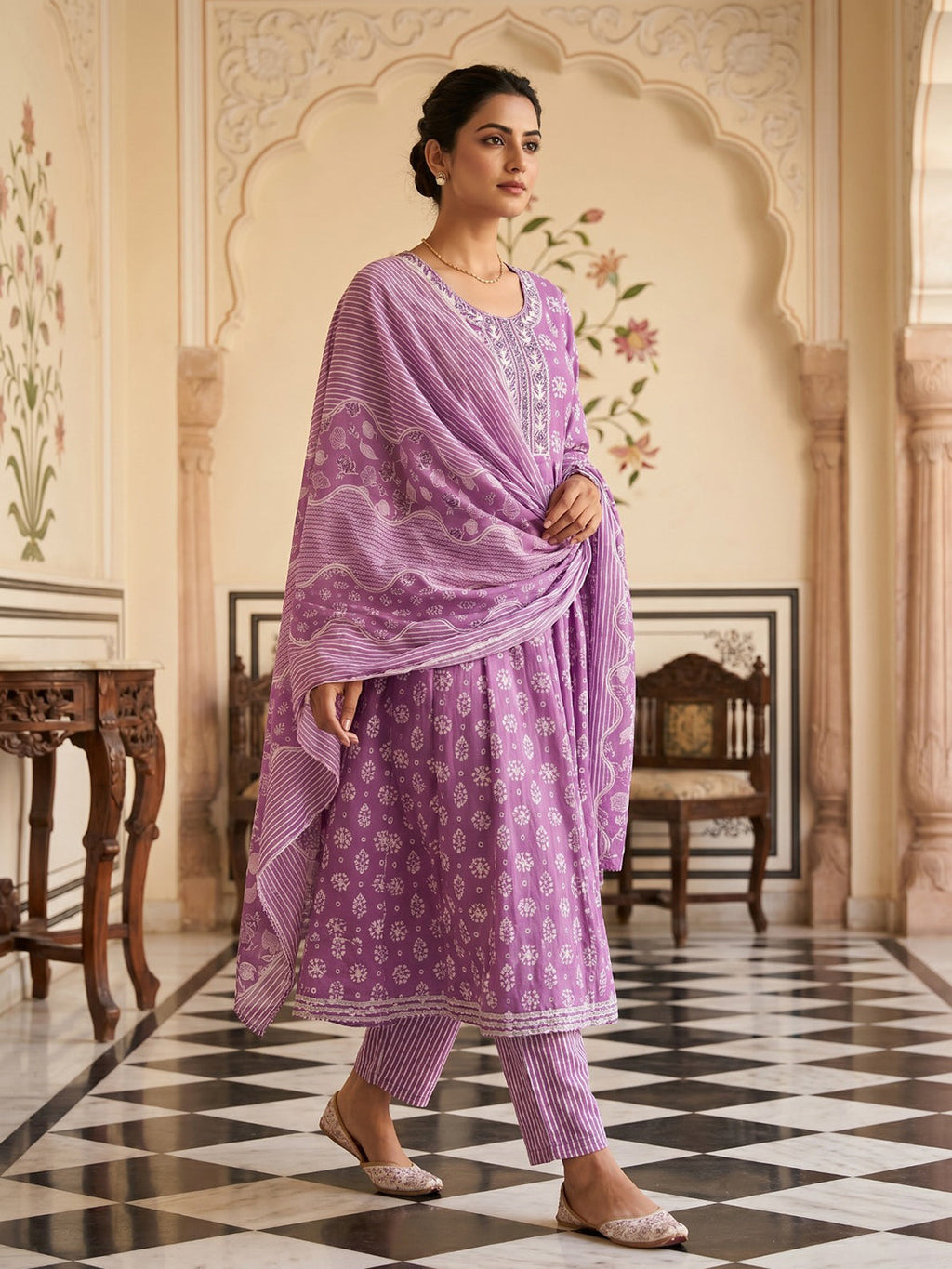 Pink Embroidered Cotton Blend Round Neck Suit Set