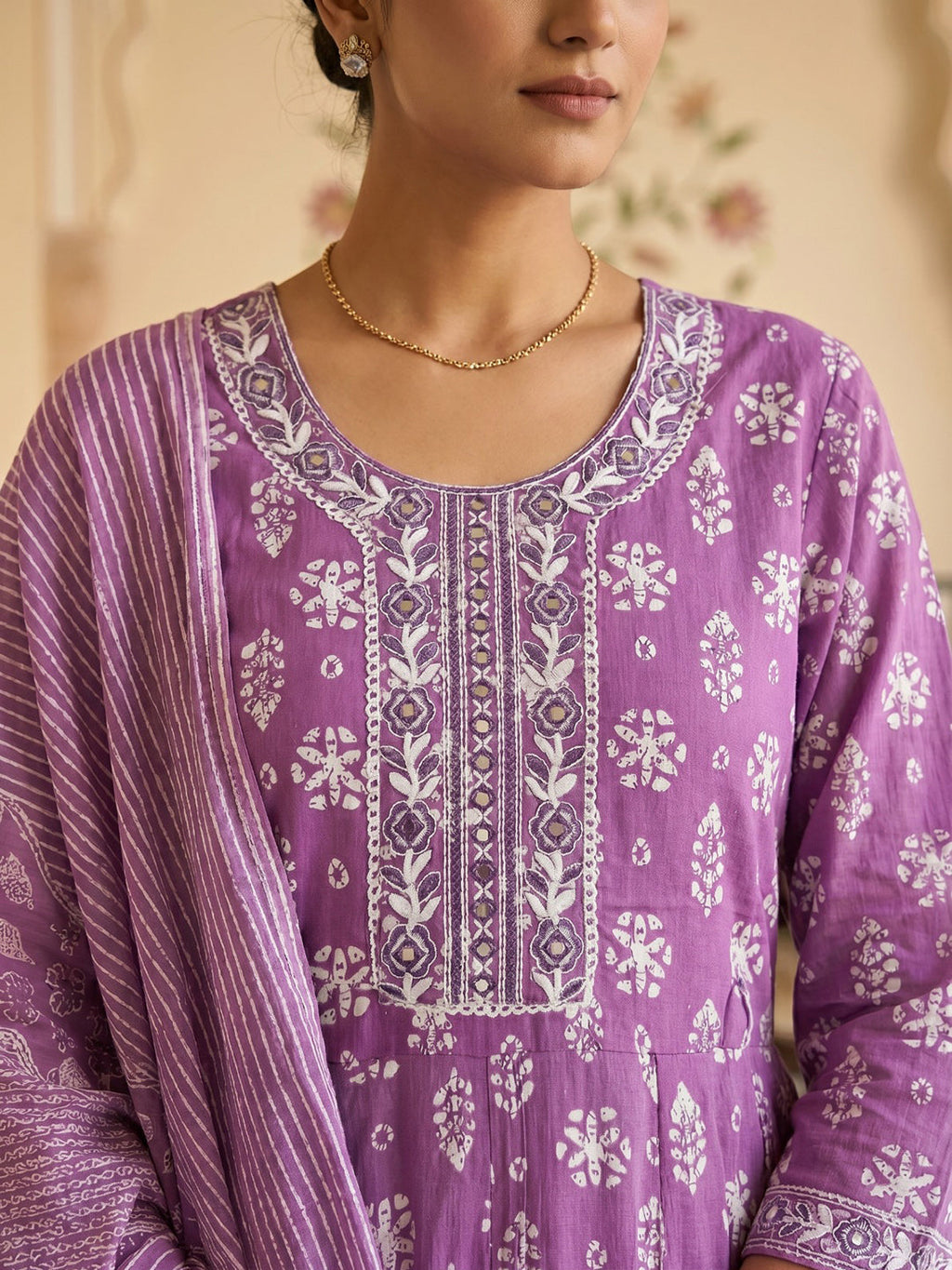 Pink Embroidered Cotton Blend Round Neck Suit Set