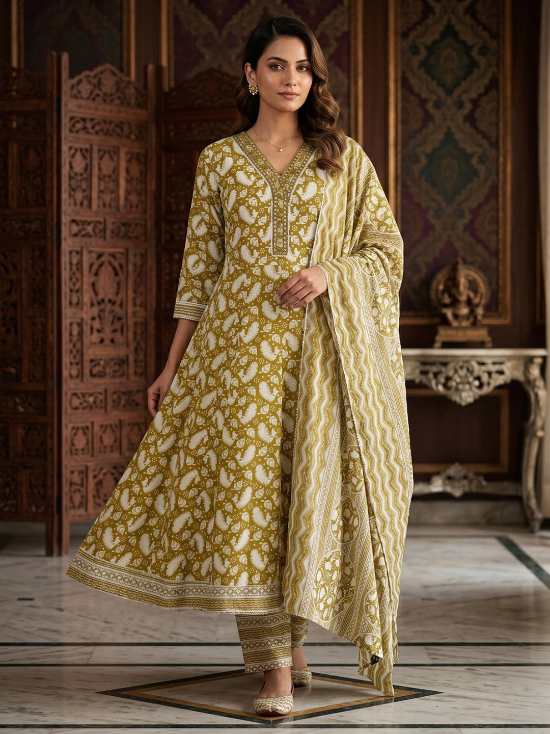 Mehndi Embroidery Cotton Blend Kurta With Pant & Dupatta