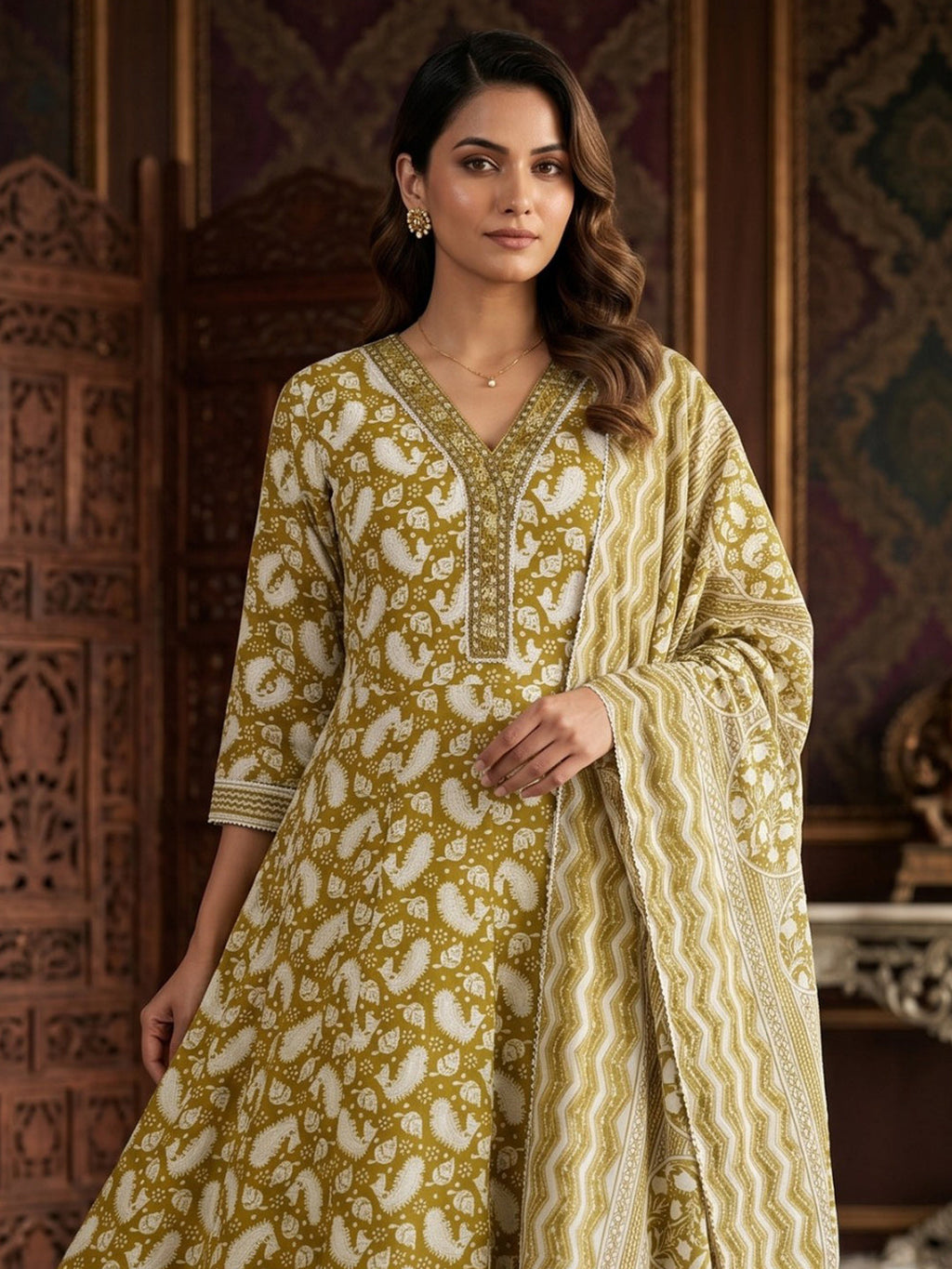 Mehndi Embroidery Cotton Blend Kurta With Pant & Dupatta