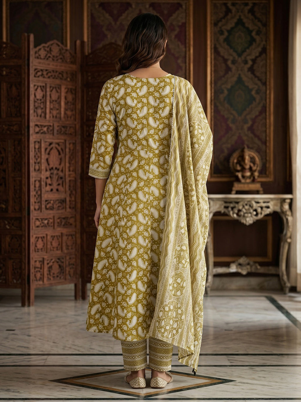 Mehndi Embroidery Cotton Blend Kurta With Pant & Dupatta