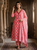 Red Embroidery Cotton Blend Kurta With Pant & Dupatta