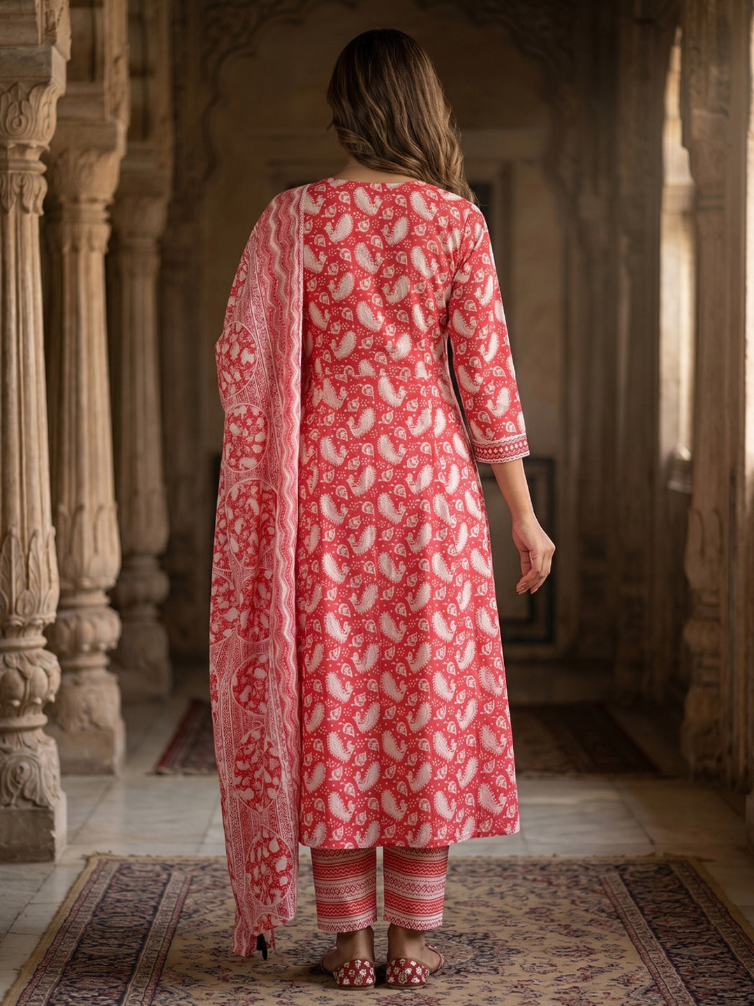 Red Embroidery Cotton Blend Kurta With Pant & Dupatta