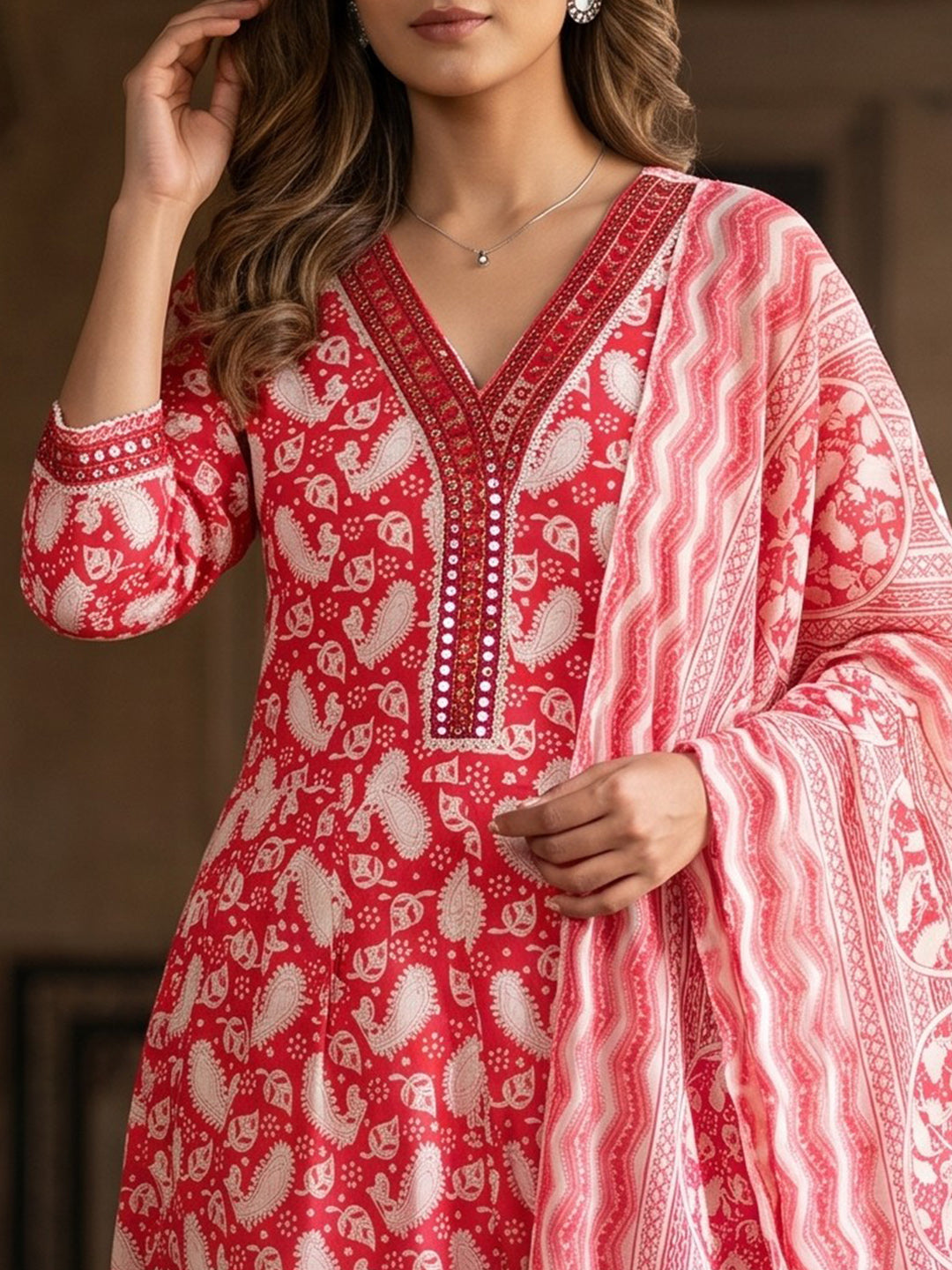 Red Embroidery Cotton Blend Kurta With Pant & Dupatta