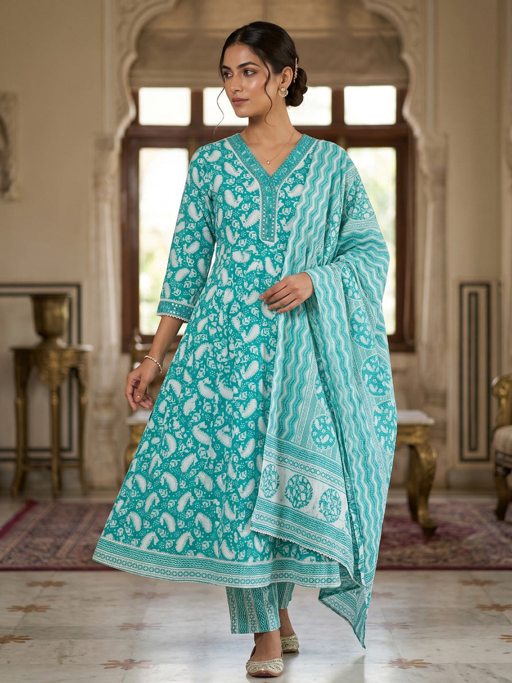 Sky Blue Embroidery Cotton Blend Kurta With Pant & Dupatta