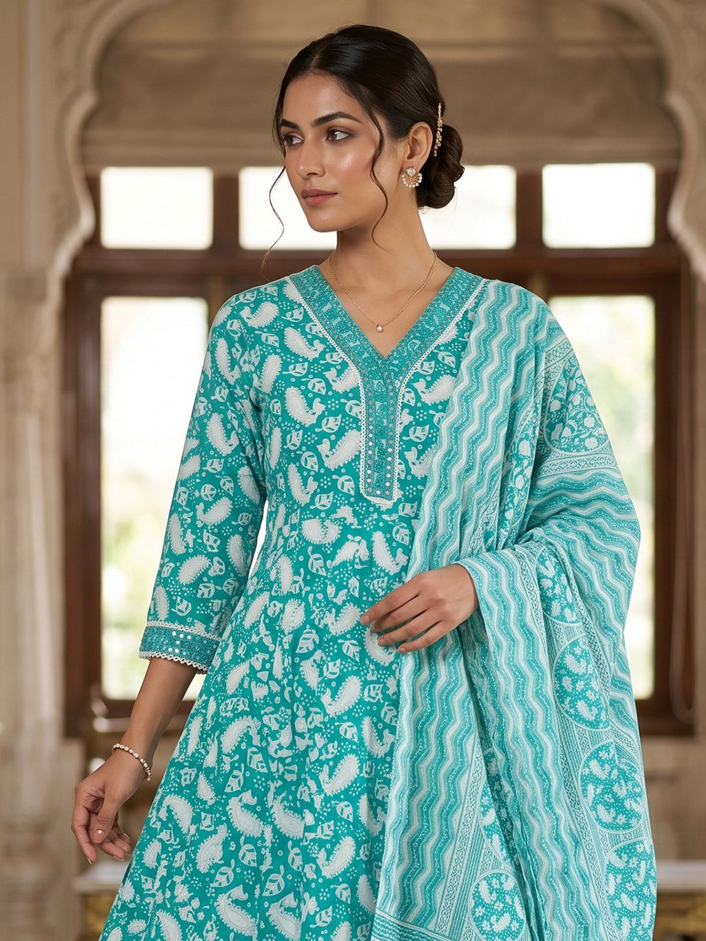 Sky Blue Embroidery Cotton Blend Kurta With Pant & Dupatta
