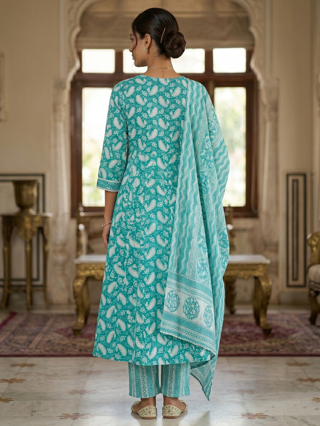 Sky Blue Embroidery Cotton Blend Kurta With Pant & Dupatta