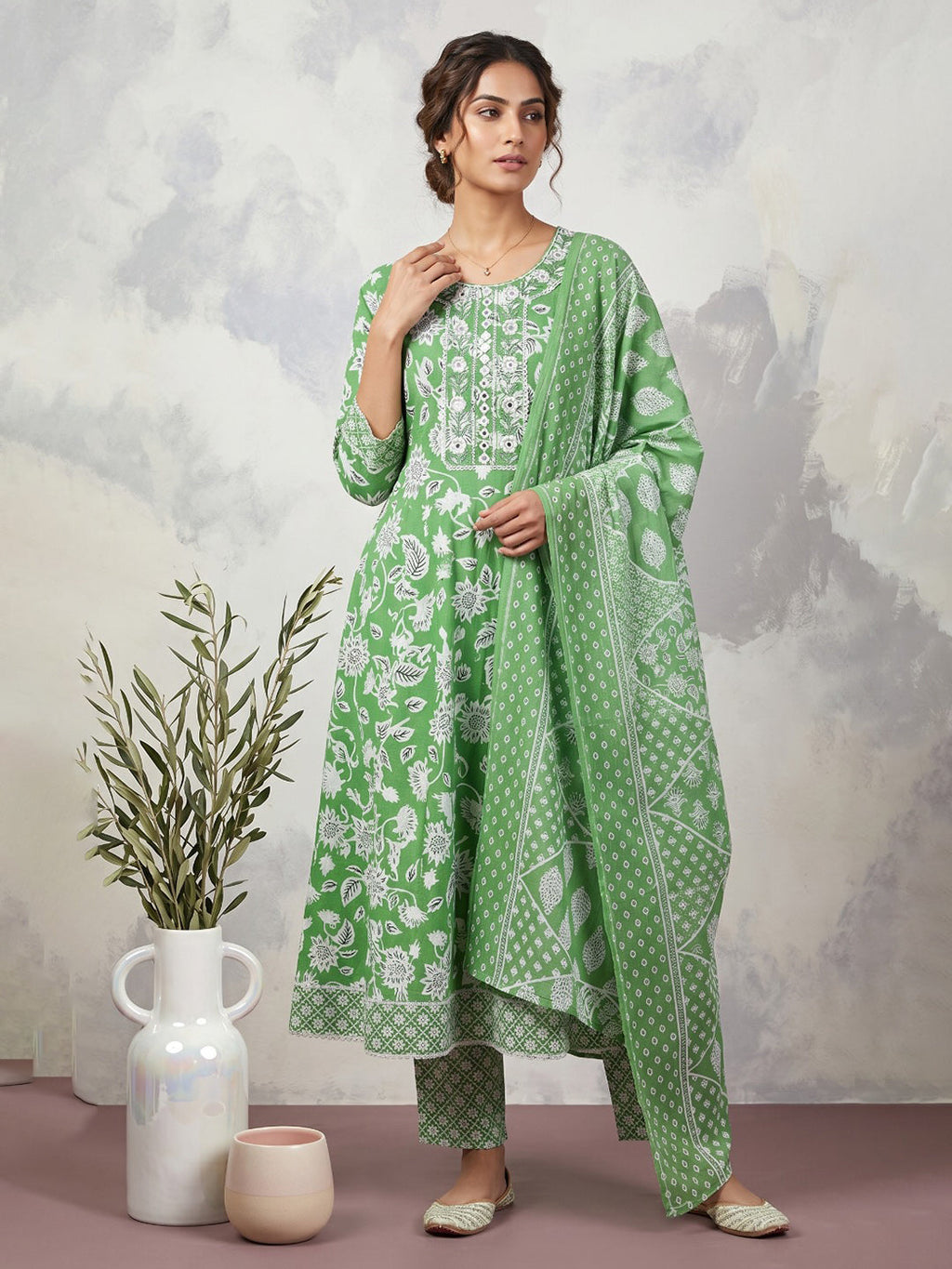 Green Embroidery Cotton Blend Kurta With Pant & Dupatta