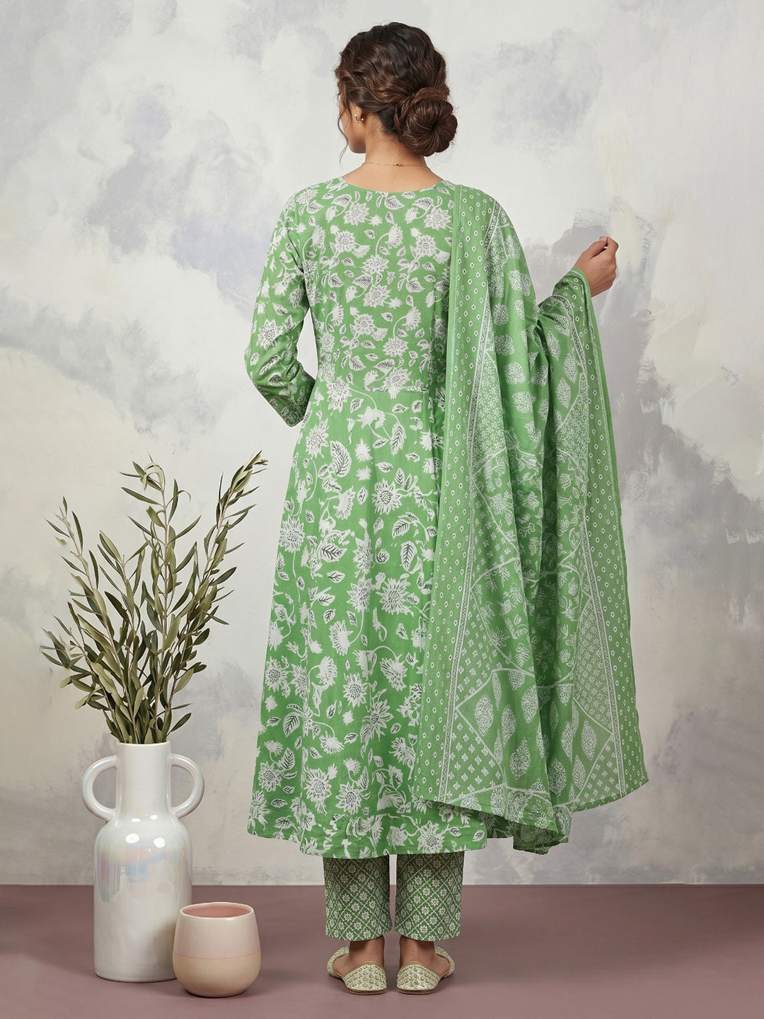 Green Embroidery Cotton Blend Kurta With Pant & Dupatta