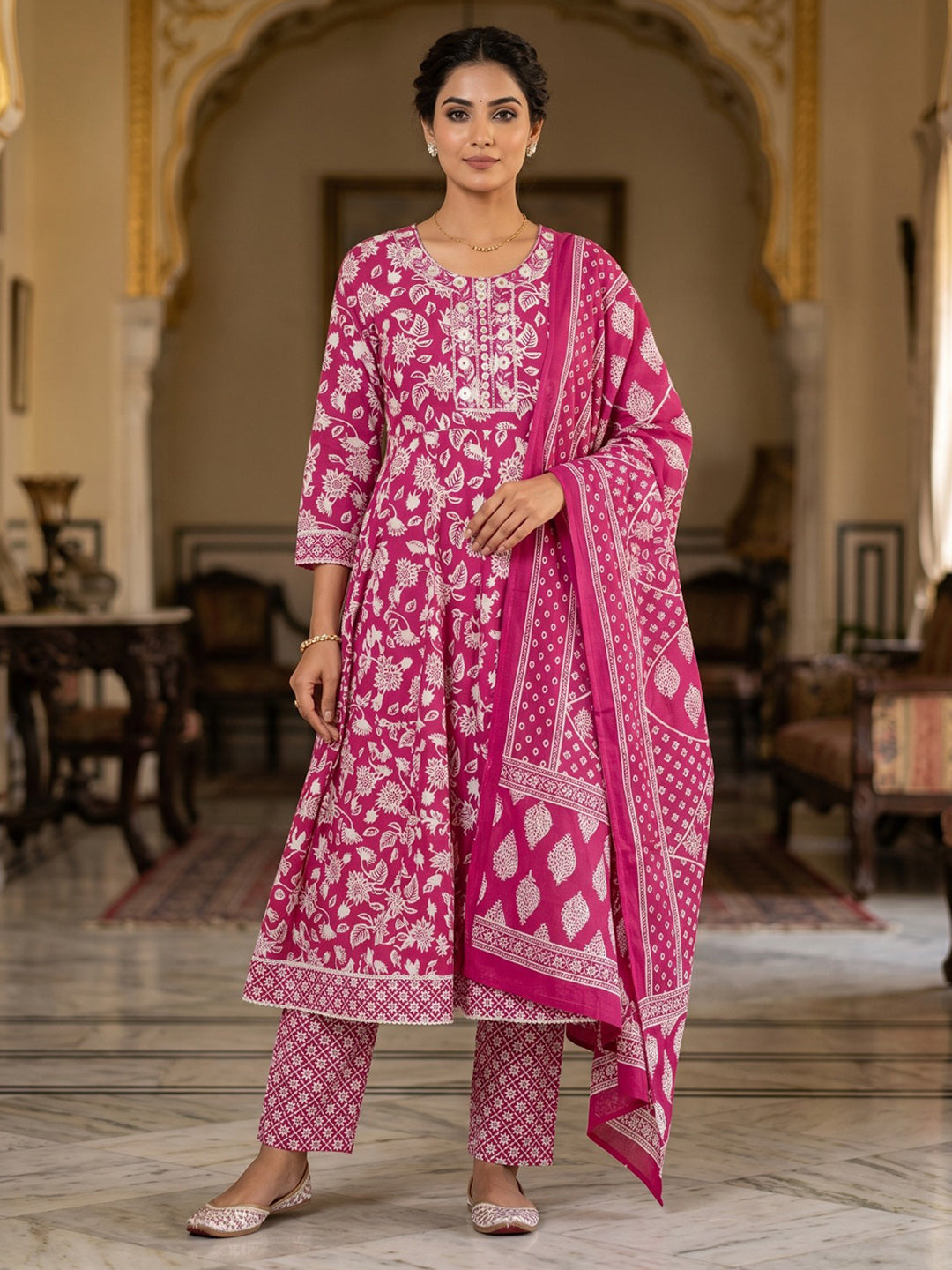 Pink Embroidery Cotton Blend Kurta With Pant & Dupatta