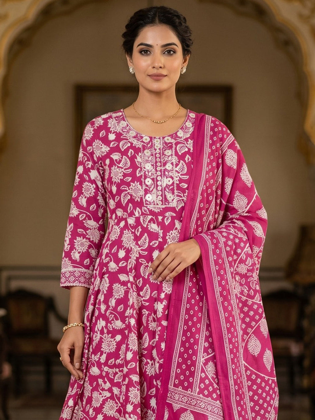 Pink Embroidery Cotton Blend Kurta With Pant & Dupatta